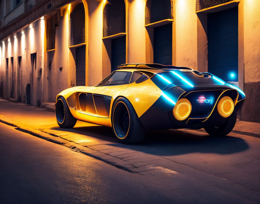 Yellow Futuristic Car with Blue Neon Lights Parked on City Street at Dusk