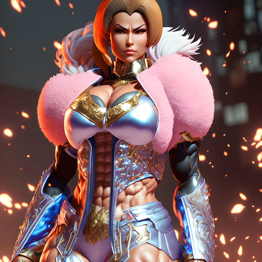 Powerful Female Warrior in Golden Armor with Pink Fur Details