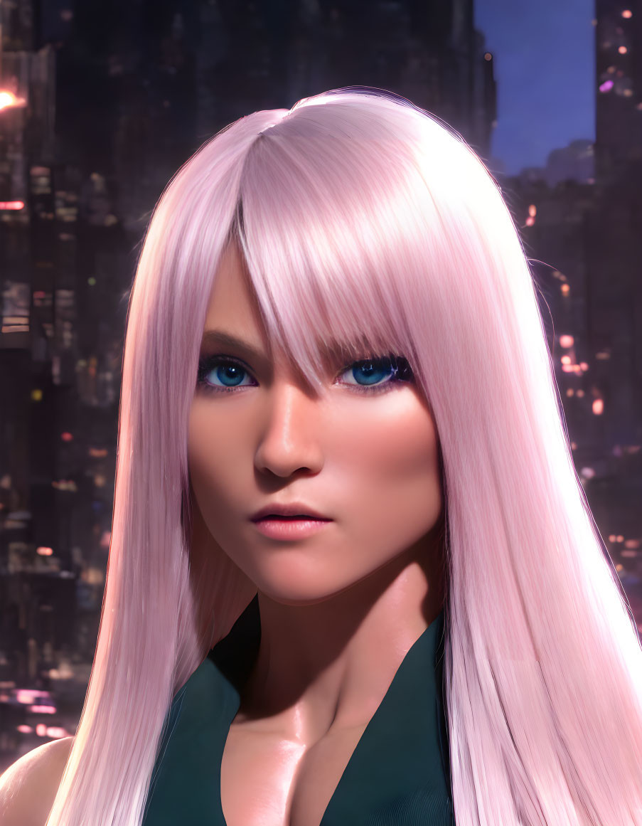 Portrait of a woman with long pink hair and blue eyes in 3D against city skyline at night