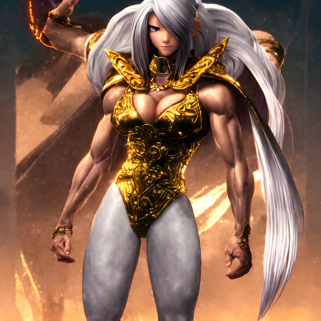 Muscular character in golden armor with long white hair in powerful stance against fiery backdrop