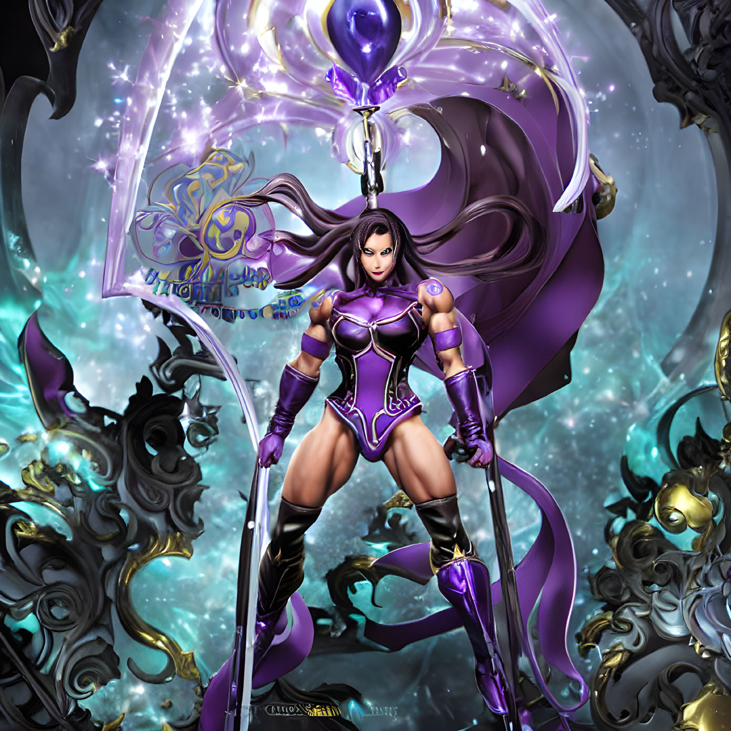 Female warrior in purple armor with glowing staff in mystical setting