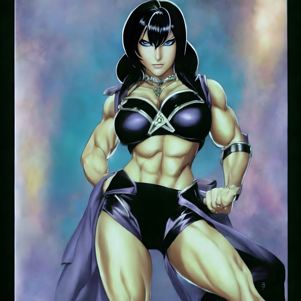 Muscular female character in black bikini top, gloves, and cape