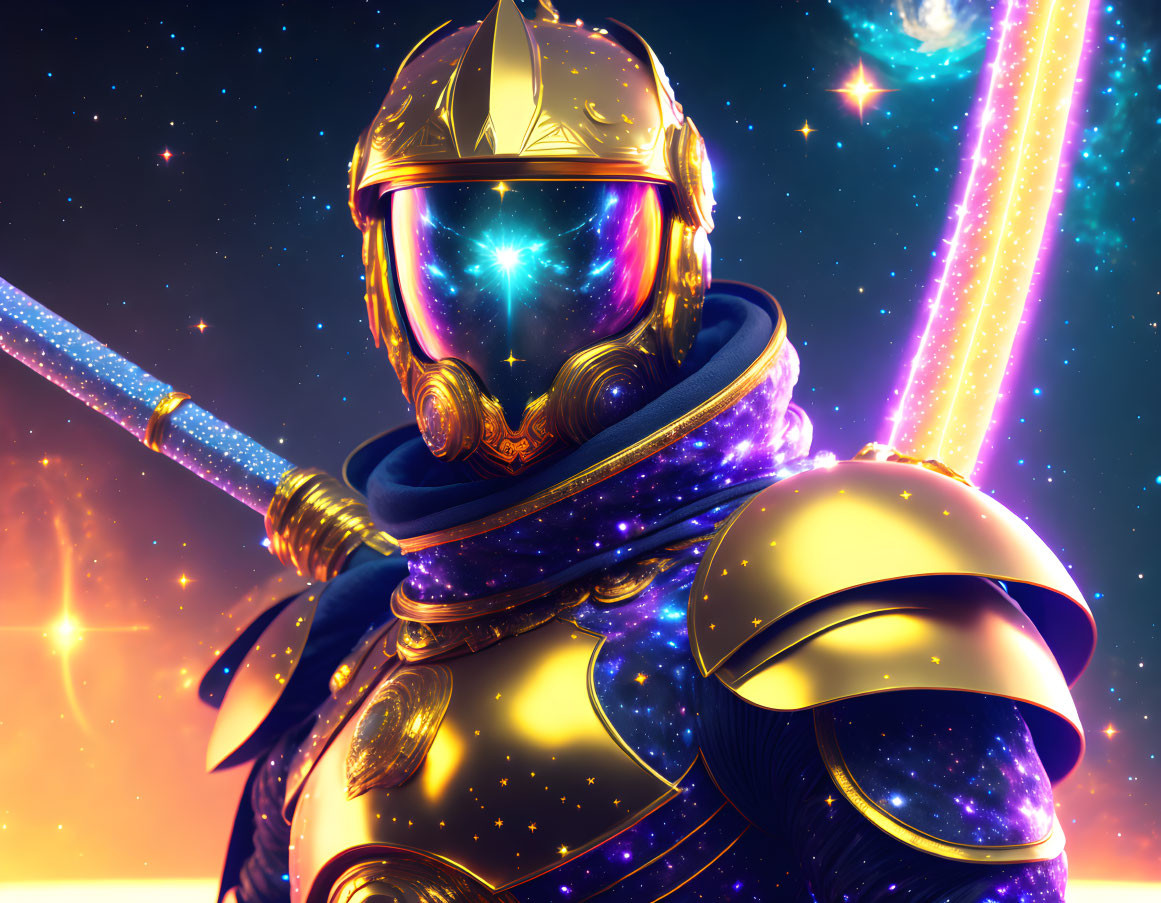 Futuristic armored knight with glowing visor and radiant sword in cosmic scene