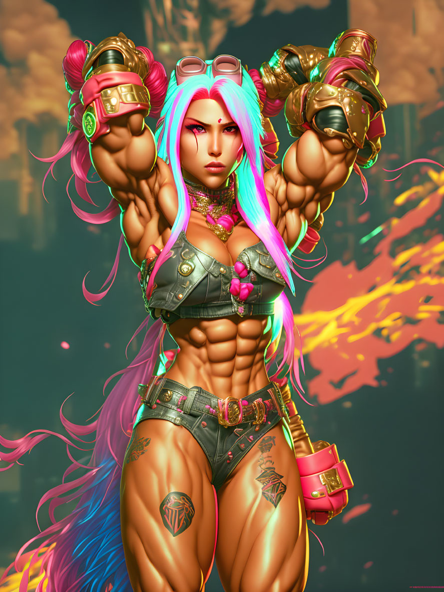 Muscular woman with pink hair and green sunglasses poses with gold gauntlets.