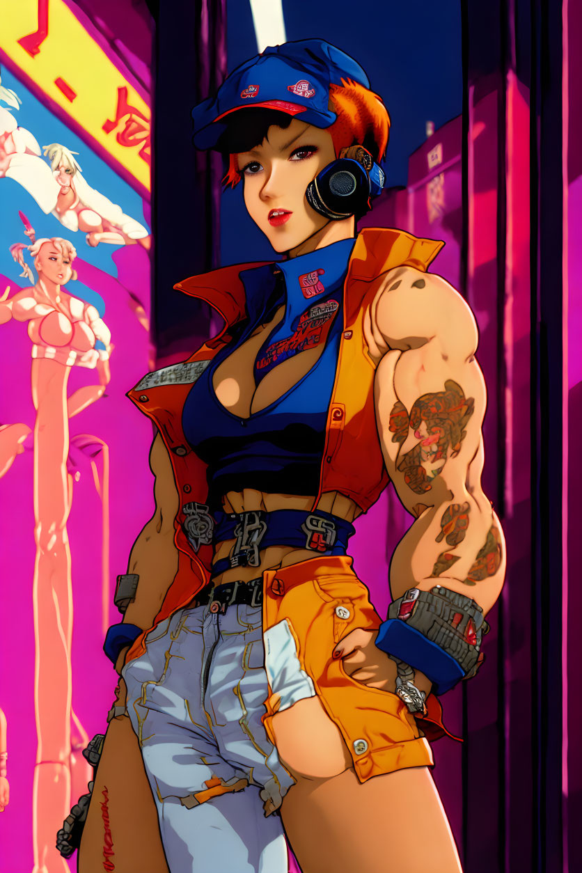 Confident woman with tattoos in cap, headphones, and cropped jacket in neon-lit urban scene