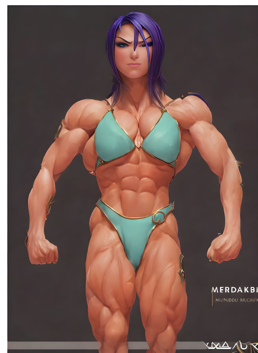 Muscular female character with purple hair in teal bikini art