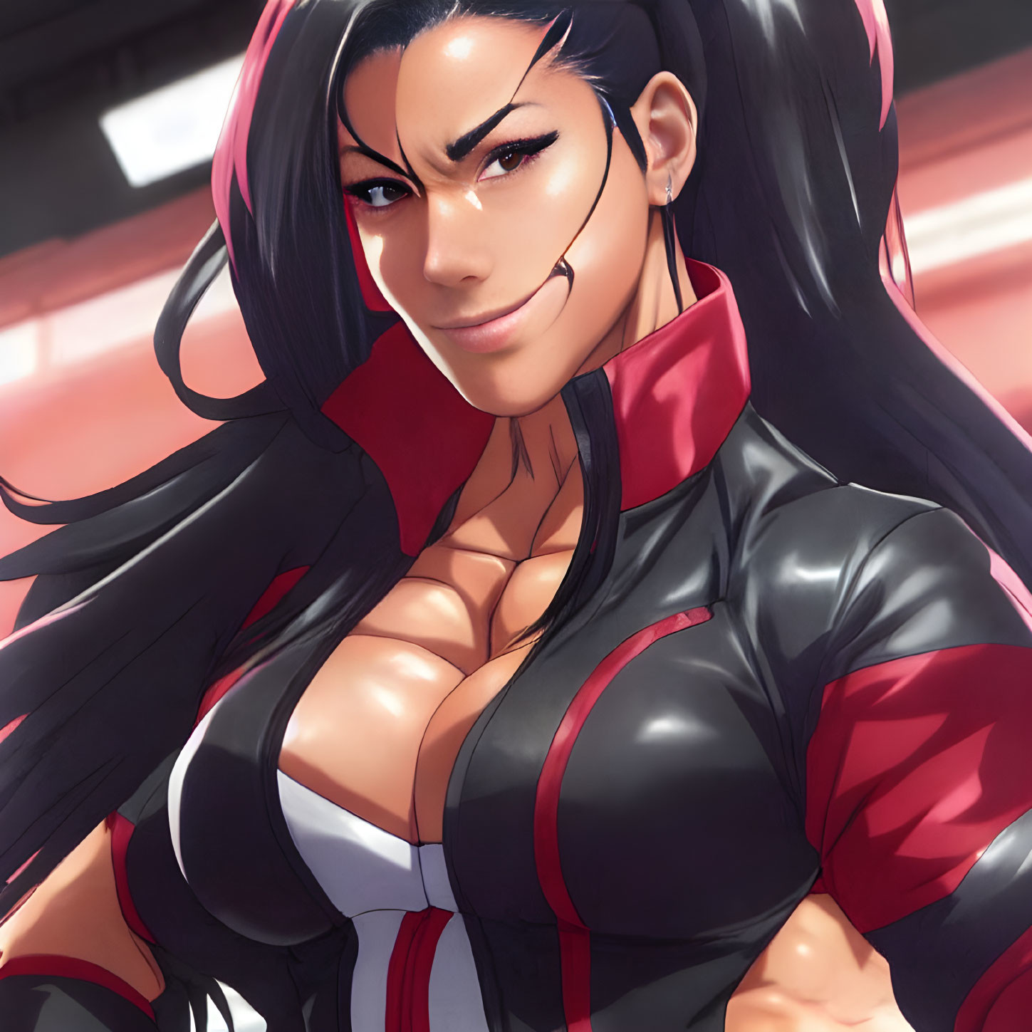 Long black and pink-haired female character in red and black outfit smirking confidently