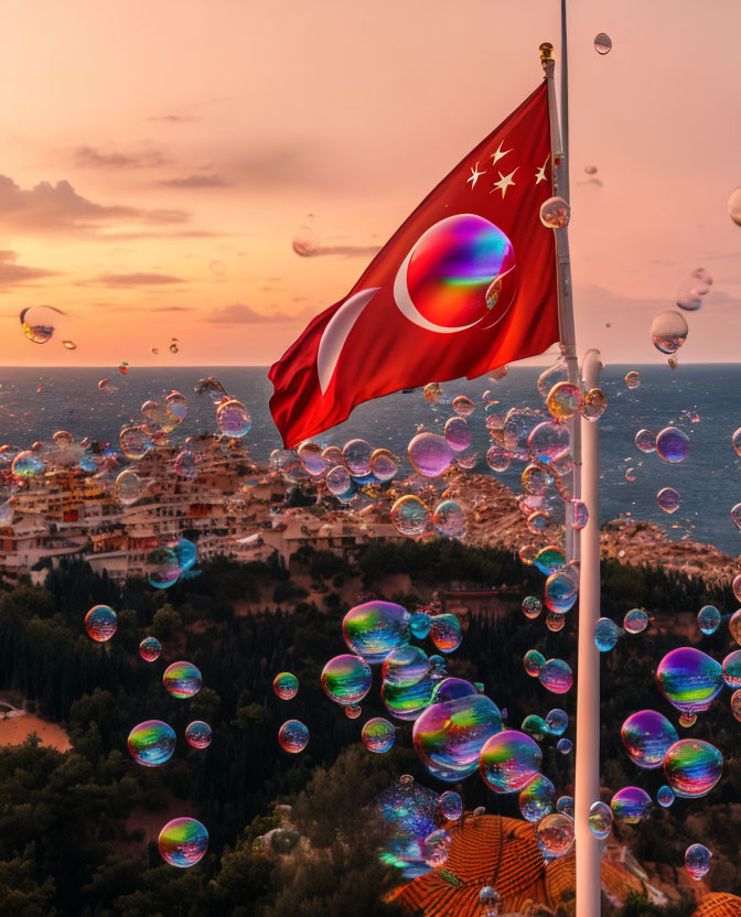 Turkish flag at sunset with bubbles in coastal town scene