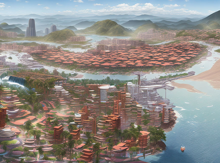 Futuristic Eco-Friendly Cityscape with Terraced Buildings and Greenery