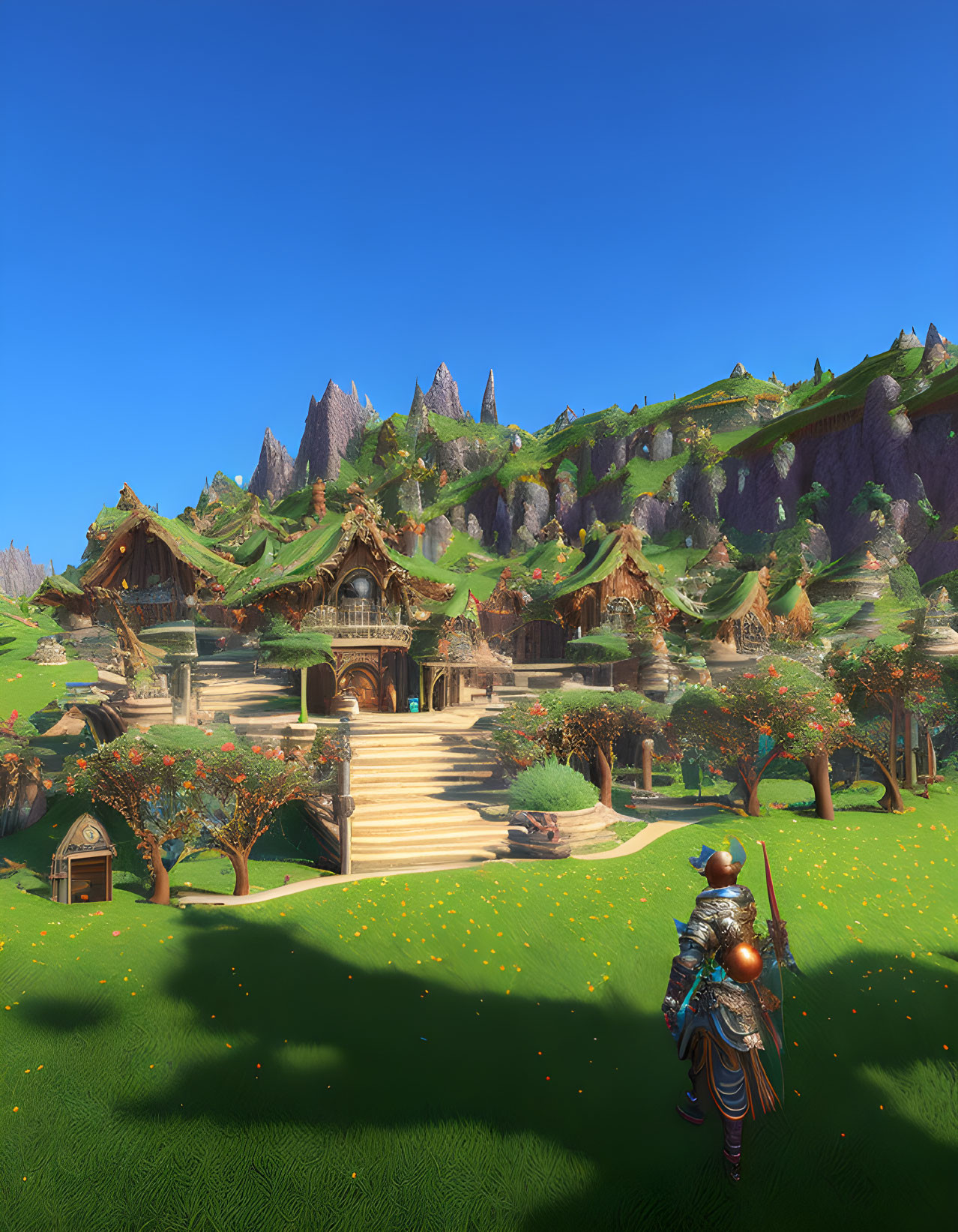 Fantastical landscape with character in armor and wooden houses under clear sky