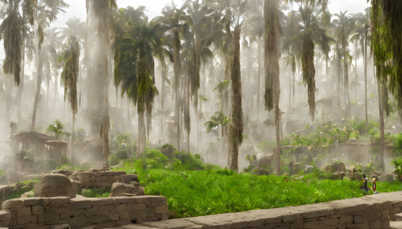 Misty landscape with ruins, palm trees, and figure