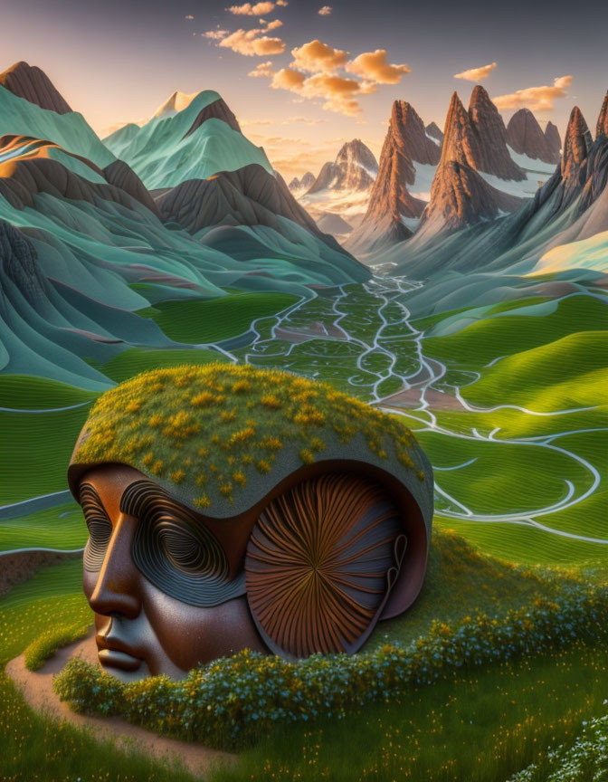 Surreal landscape featuring giant human head covered in grass and moss