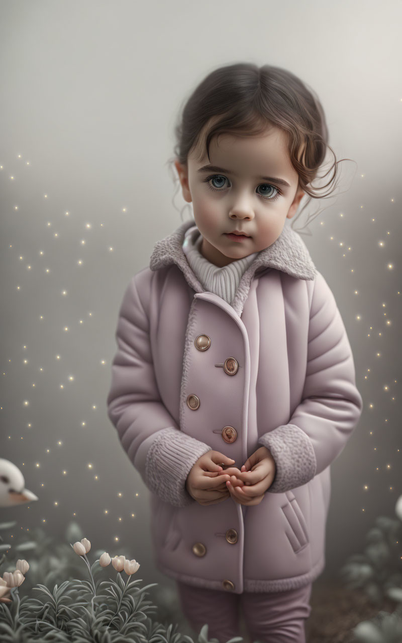 Toddler in Pink Coat with Blue Eyes Surrounded by Lights and Flowers