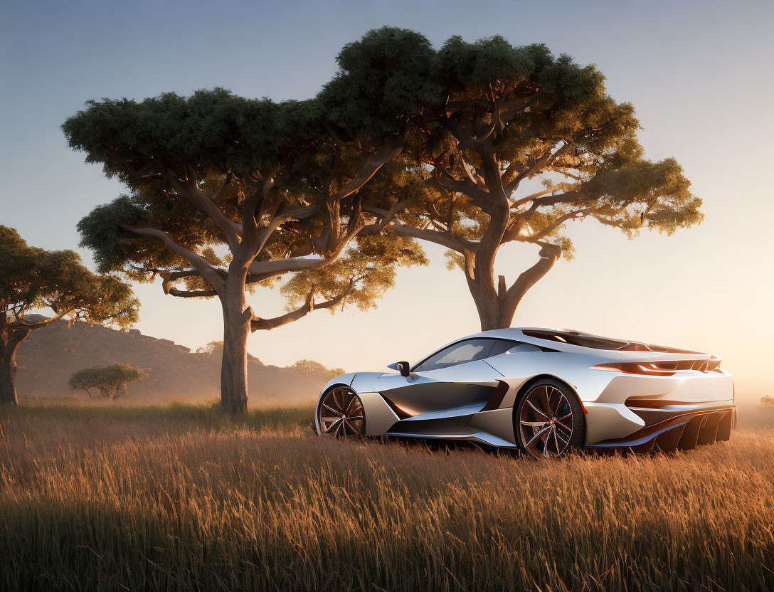 White Sports Car Parked in Savanna Setting at Sunrise or Sunset