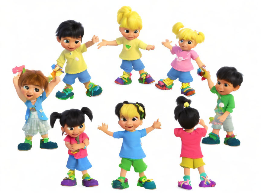 Colorful Toy Figures of Animated Children in Various Poses on White Background