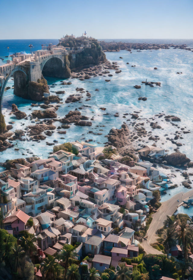 Pastel-colored houses and rocky shoreline in coastal village with clear blue waters and elevated fort