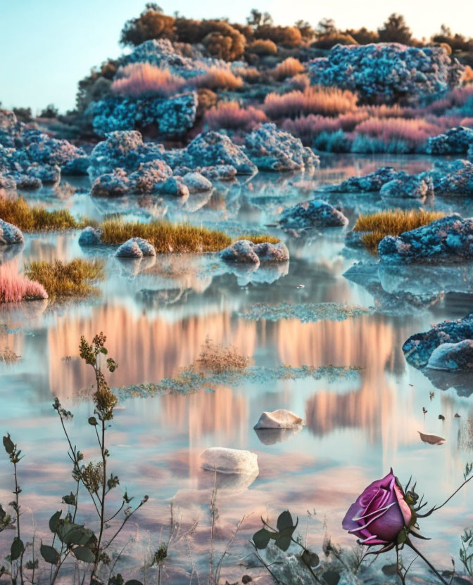 Tranquil landscape with misty water, colorful foliage, and rocks at dawn or dusk