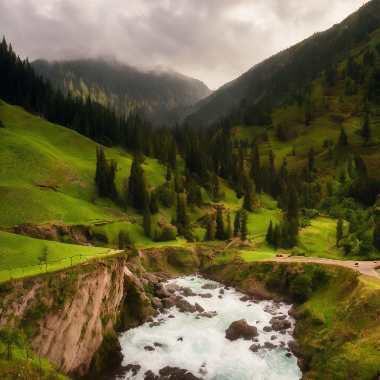 Scenic winding road along turbulent river in lush green mountains