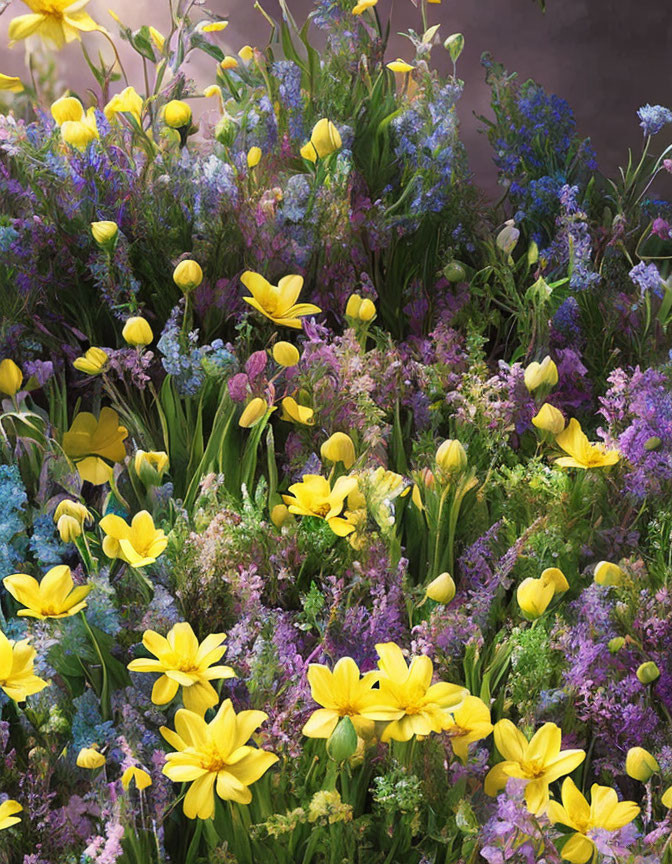 Yellow Tulips with Purple and Blue Wildflowers on Muted Background