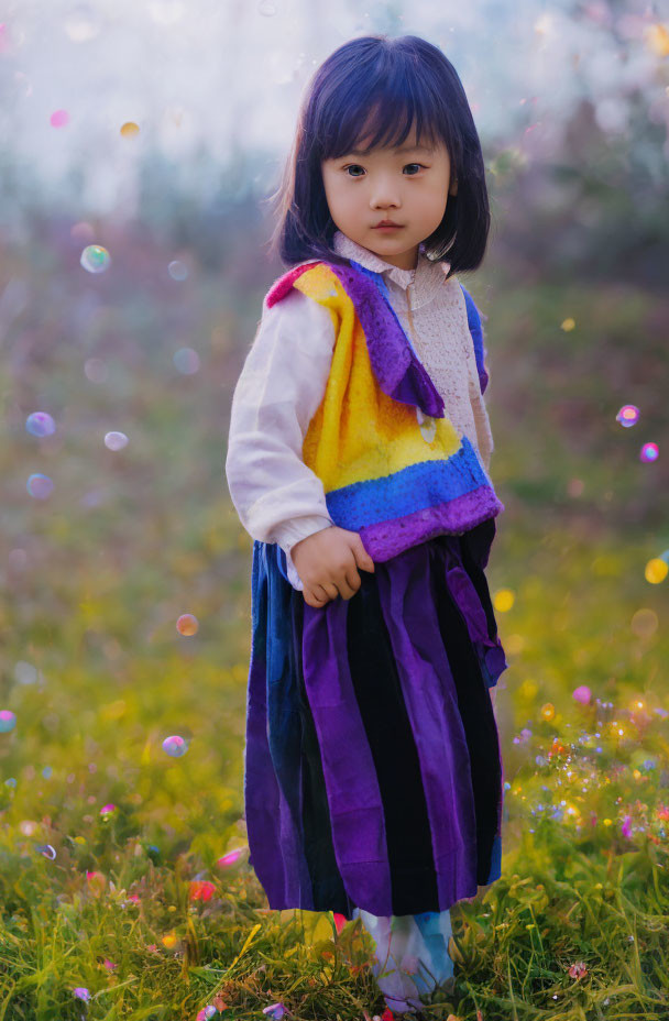 Young girl in colorful outfit surrounded by blooming flowers and bubbles