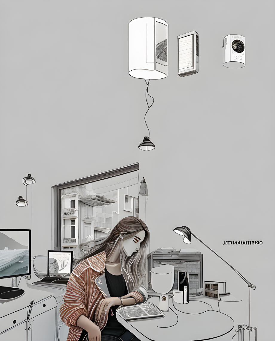 Illustration of woman at modern desk with floating home appliances