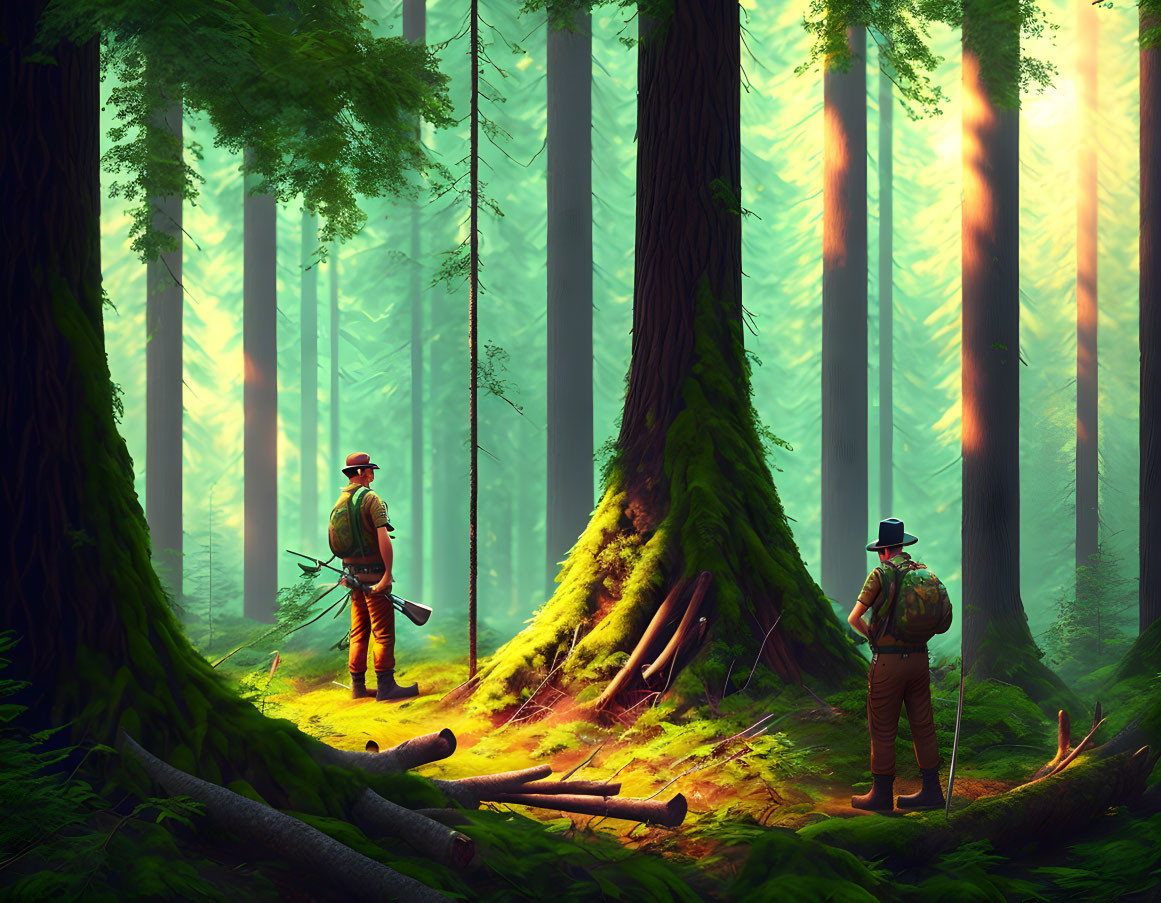 Ranger attire individuals in sunlit forest with towering trees