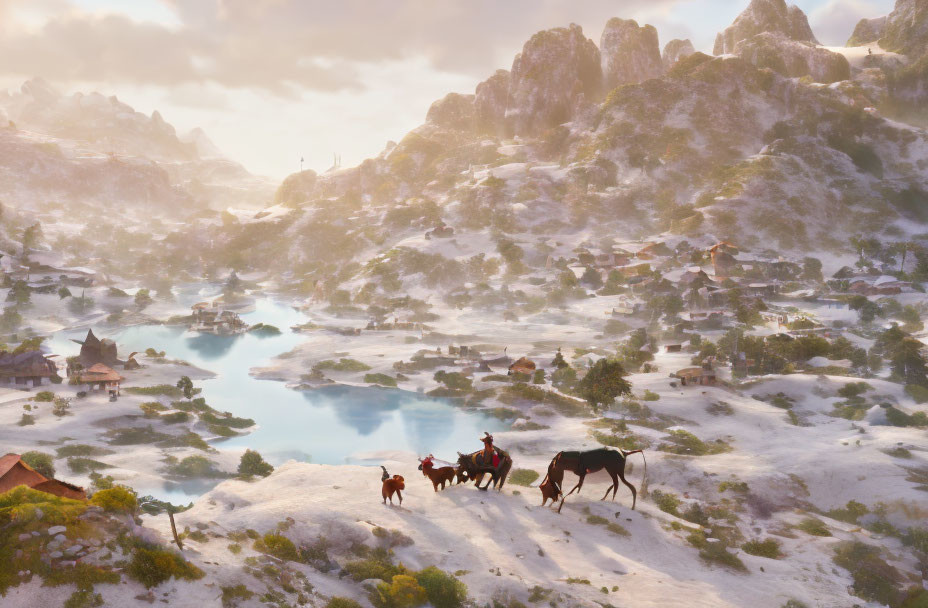 Snowy village and frozen lake in winter landscape with travelers on horseback