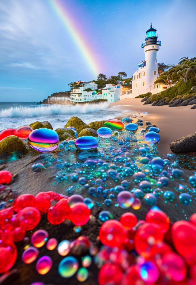 Colorful Glass Spheres on Beach with Lighthouse and Rainbow