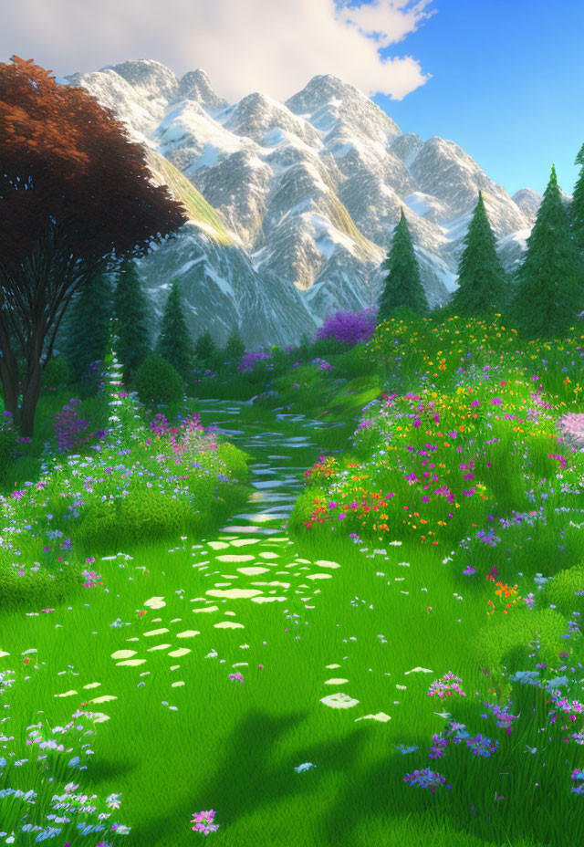 Digital landscape: Stone path, colorful flowers, snow-capped mountains