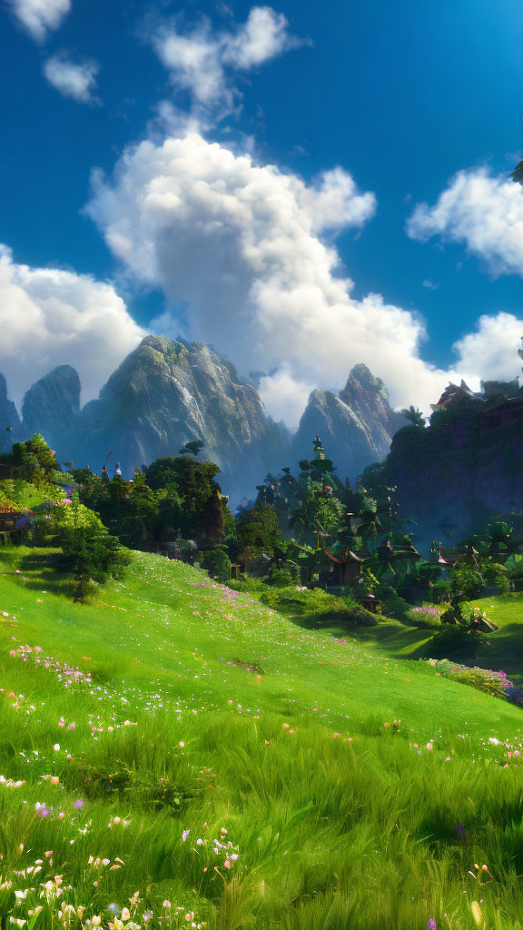 Scenic landscape with green fields, wildflowers, mountains, blue sky