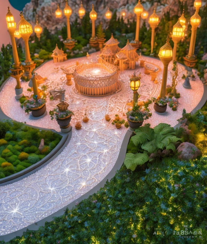 Detailed miniature fantasy garden with glowing lanterns and gazebo at twilight