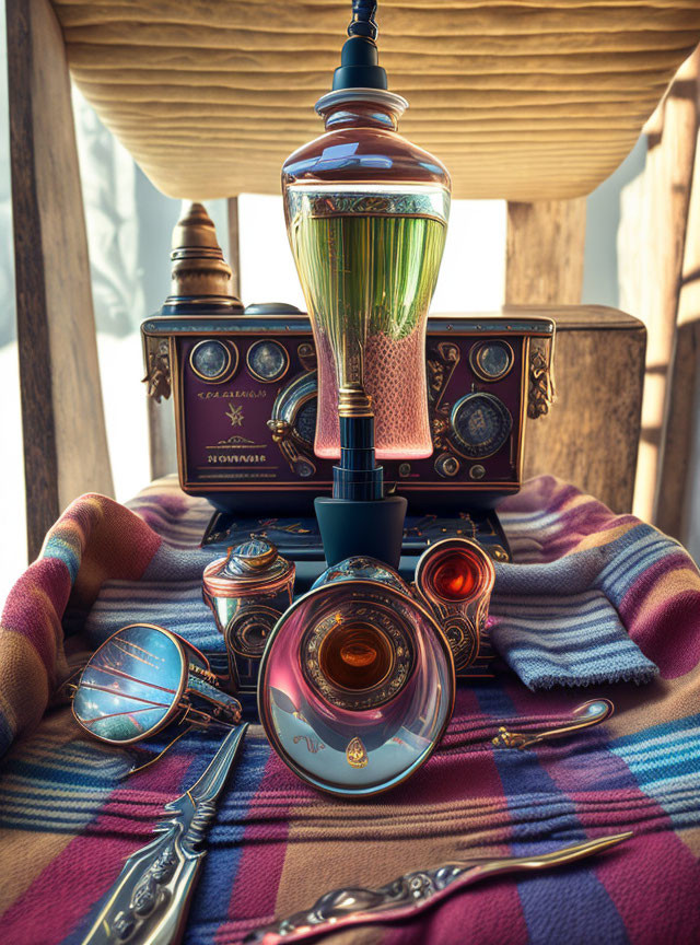 Collection of Vintage Artifacts: Magnifying Glass, Flask, Knife, and Mysterious Device with D