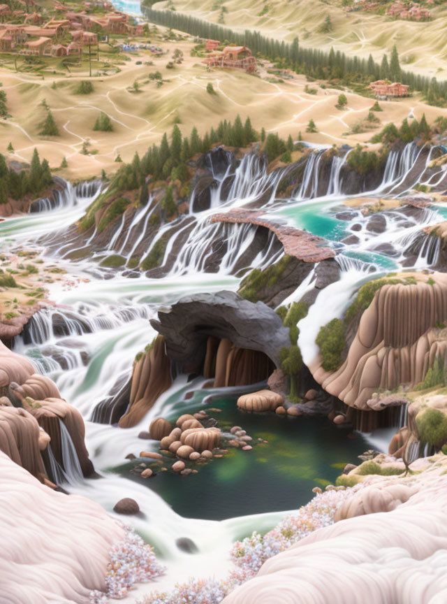 Serene waterfall system with cascades and lush greenery