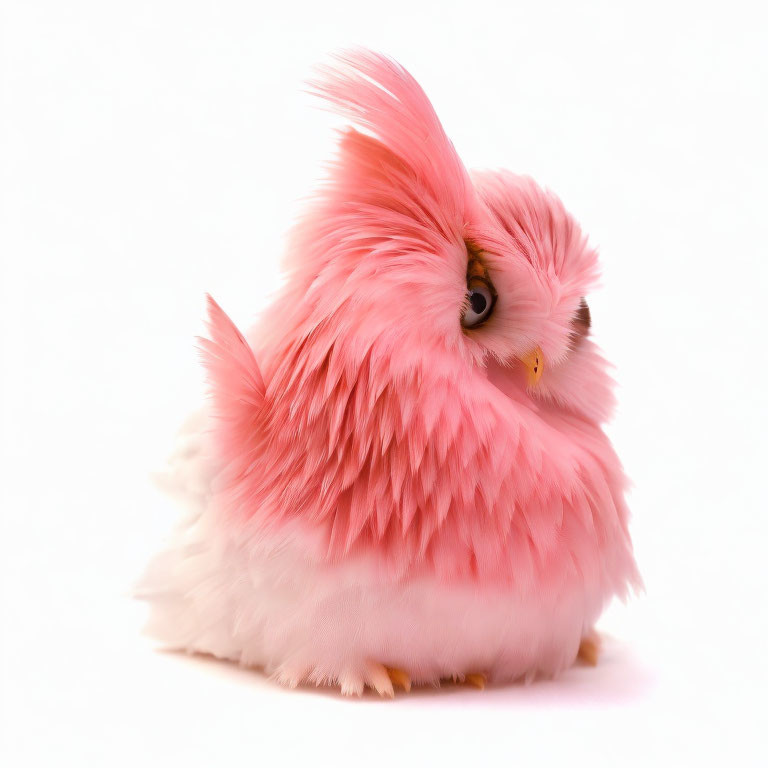 Pink Fluffy Owl-Like Creature with Big Eyes on White Background