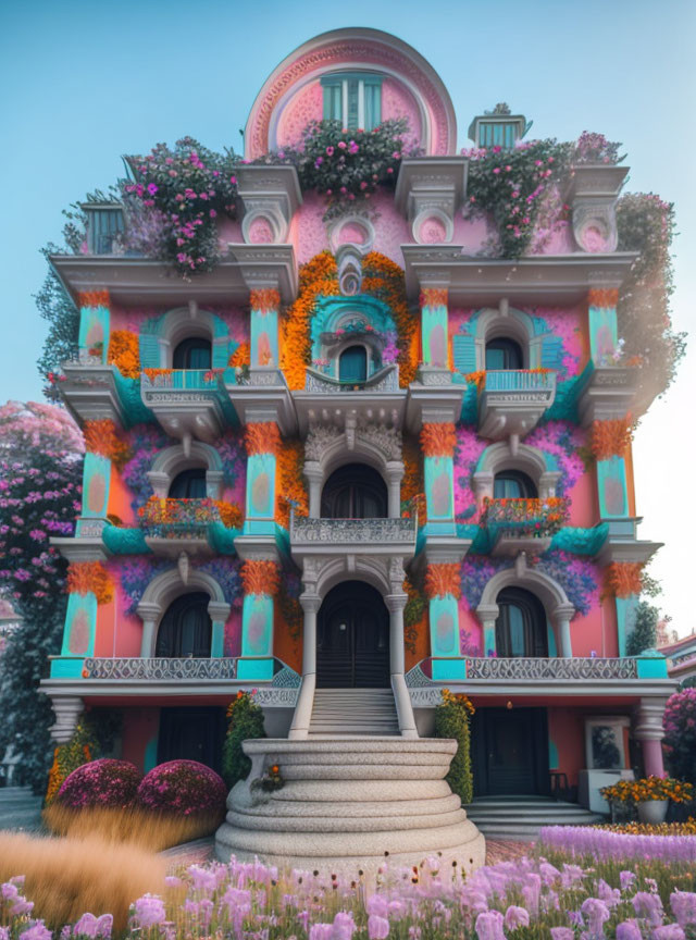 Ornate pastel pink building with floral decorations and garden setting