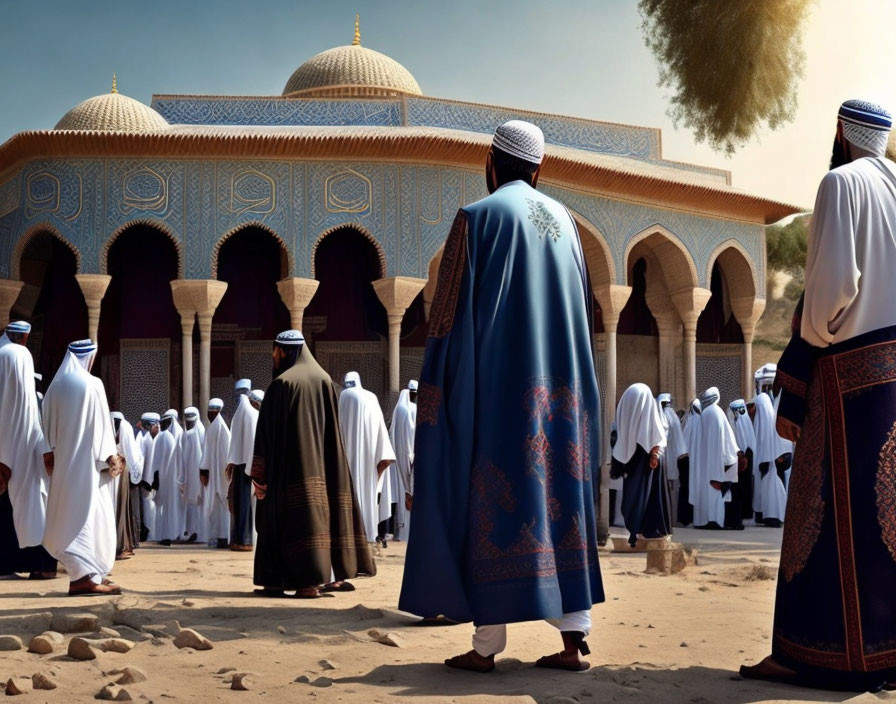 Men in traditional attire approaching ornate mosque with golden domes