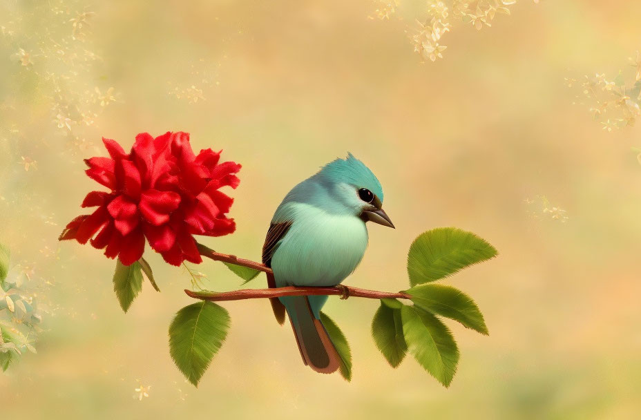 Blue bird on branch with green leaves and red flower in floral setting