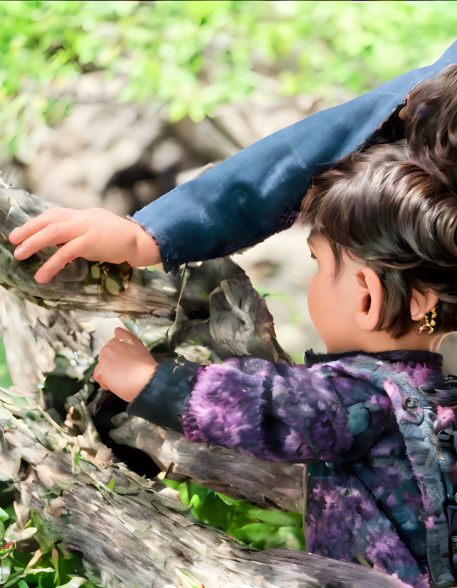 Child in Tie-Dye Shirt Exploring Rough Woody Texture