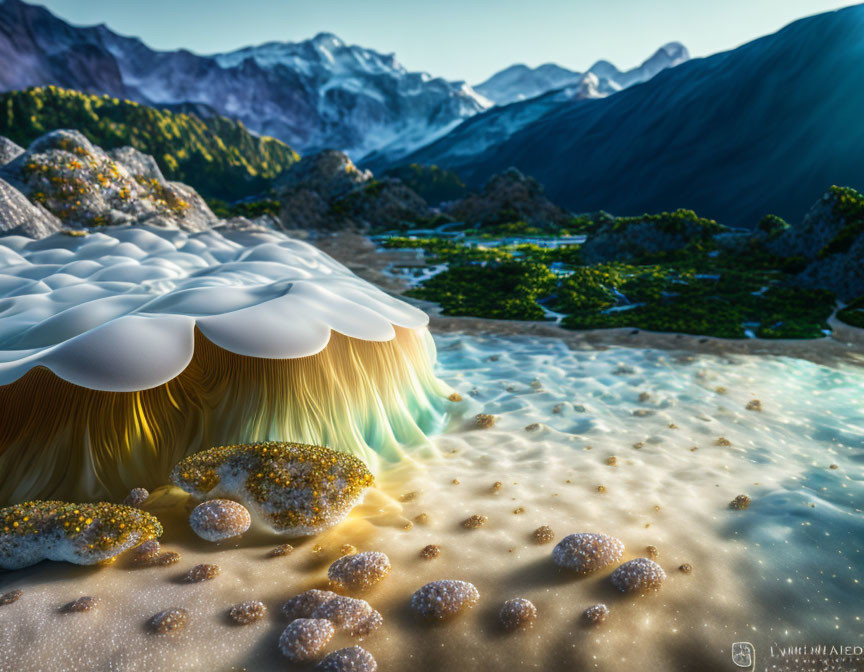 Fantastical landscape with oversized mushroom-like plants and mountains