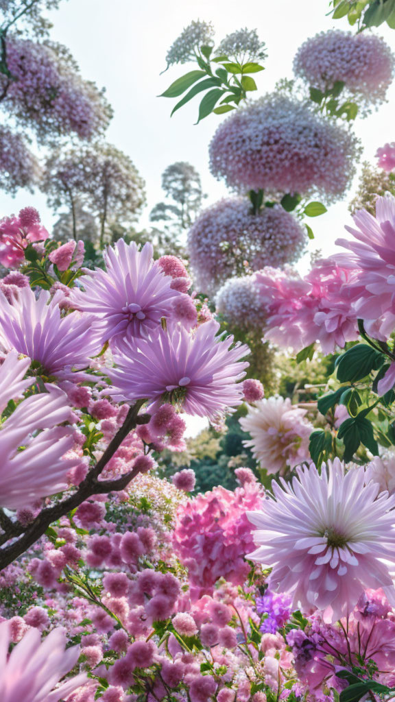 Tranquil garden scene with blooming pink flowers under a soft sky