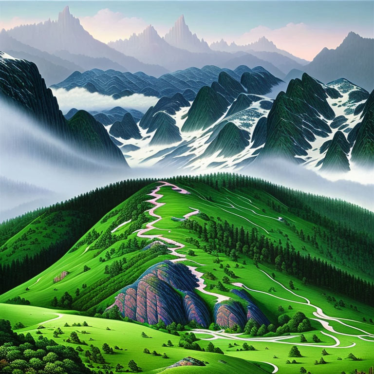 Emerald Green Valley with Snow-Capped Mountains