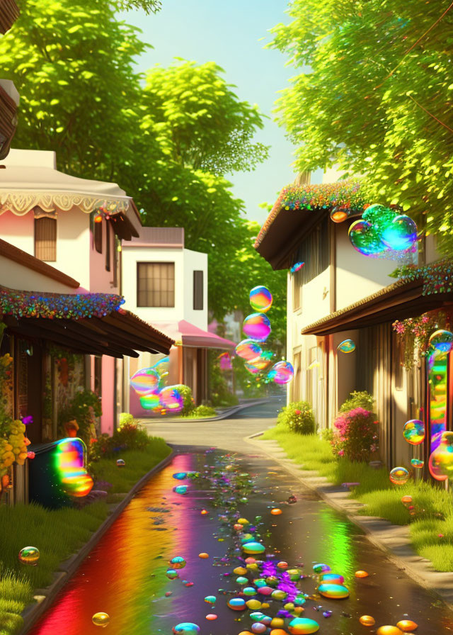 Colorful Street Scene with Quaint Houses and Bubbles