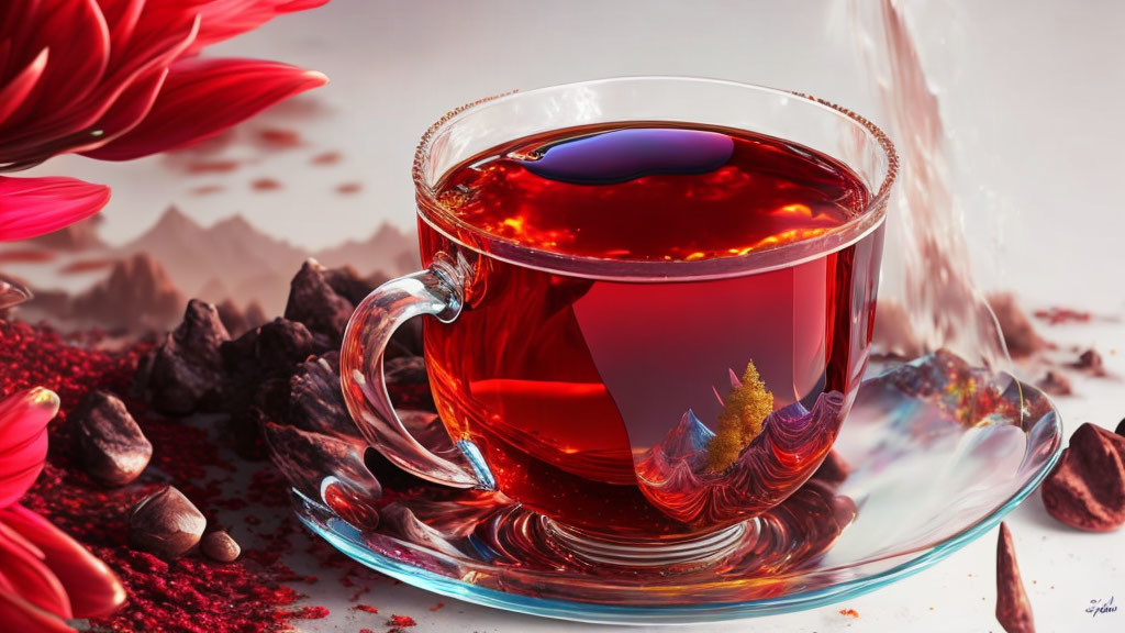 Transparent glass cup with miniature landscape, red petals, and cocoa beans on reflective surface.