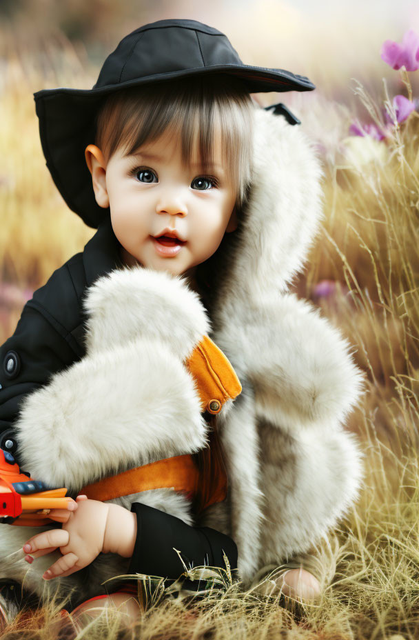 Toddler in black hat and coat holding white toy in field of purple flowers