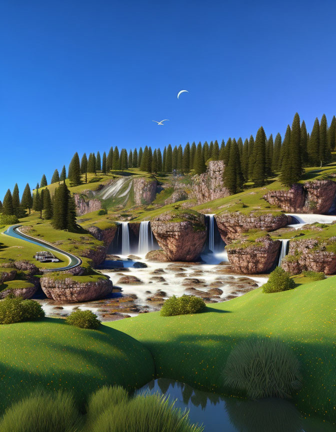 Tranquil landscape with waterfalls, pine trees, and winding roads