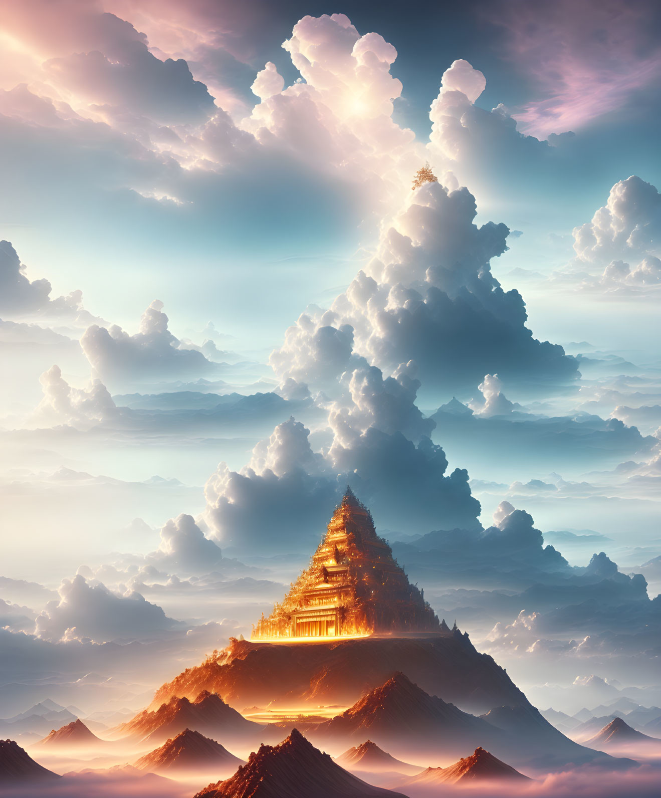 Illuminated pagoda on mountain peak at sunrise or sunset