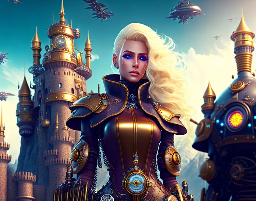 Digital artwork: Female character with platinum blonde hair in ornate golden armor with clockwork details, against