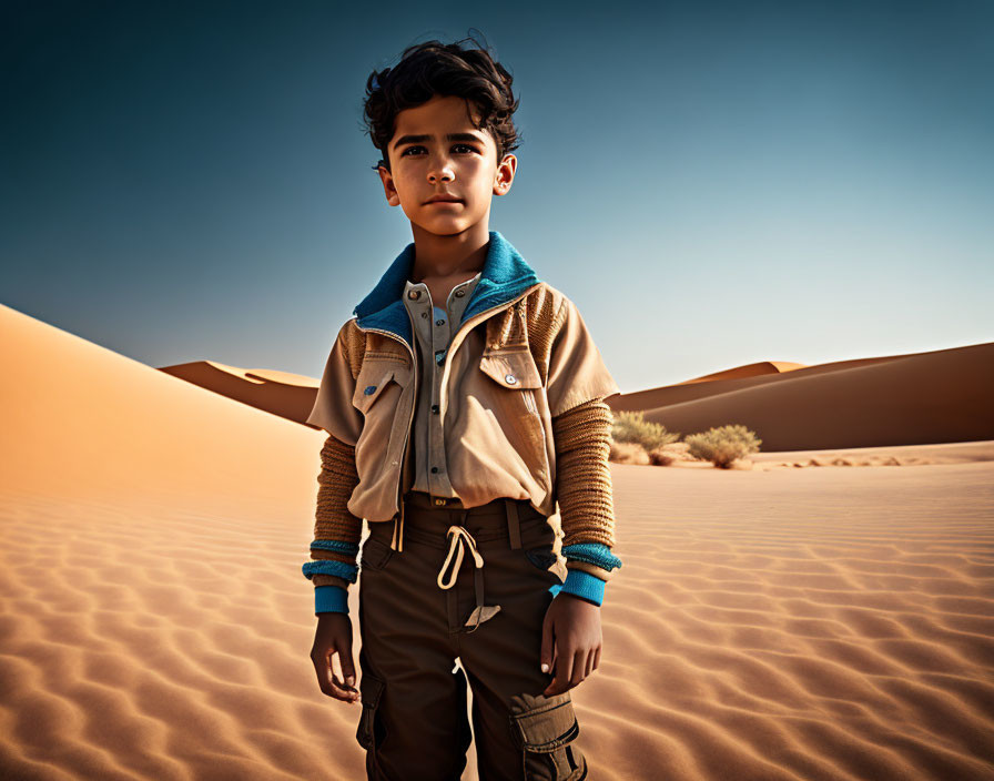 Young boy in stylish jacket standing in desert with sand dunes.