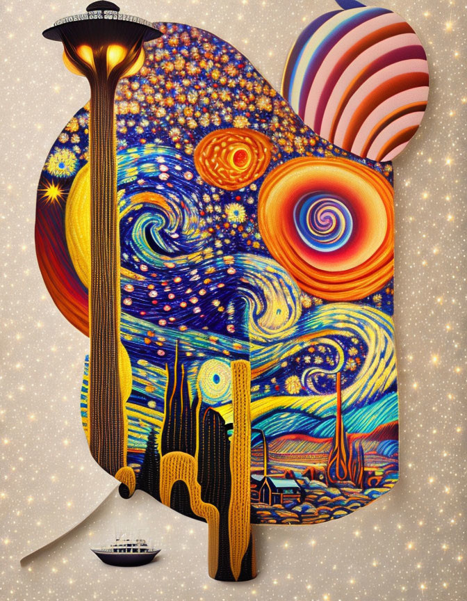 Surreal Artwork: Starry Night Elements with Abstract Shapes