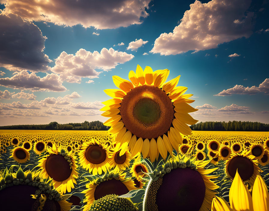 Sunflowers Field Under Sunny Sky with Prominent Flower